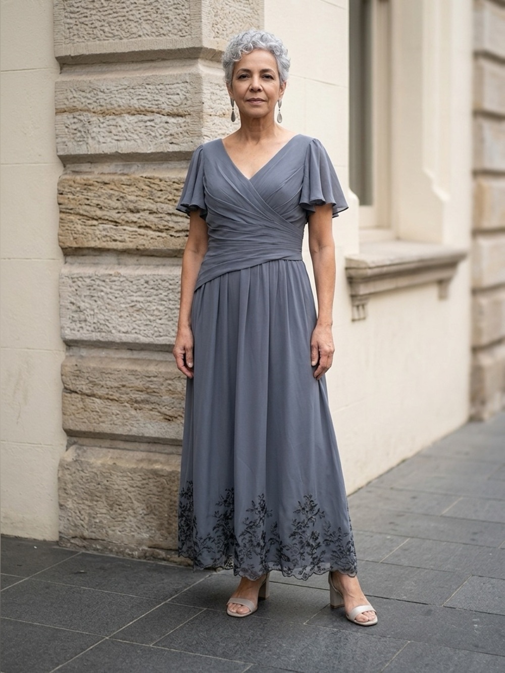 Elegant Slate Gray V-Neck Wrap Chiffon Dress